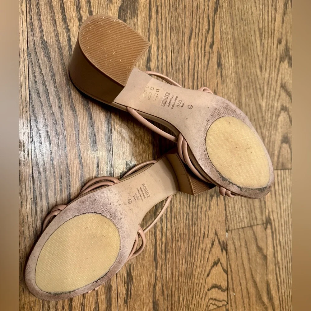 Schutz Leather Strappy Block Heel Mules 8.5 Nude